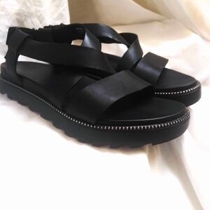 Sorel Roaming Criss Cross Sandals Black Leather Womens Size 9 Chunky Sporty